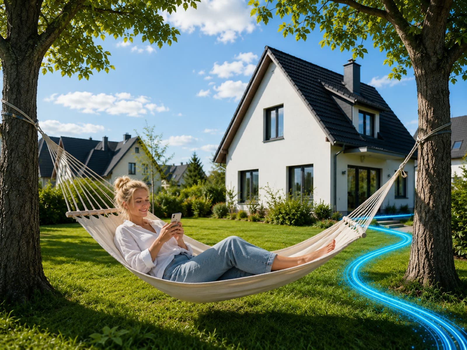 Frau entspannt in der Hängematte im Garten, während die leuchtende Glasfaser-Linie bis in ihr Haus führt
